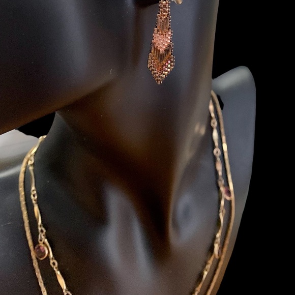 VTG Gold violet crystal bezel necklace small anchor chain chevron drop earrings - Picture 6 of 10